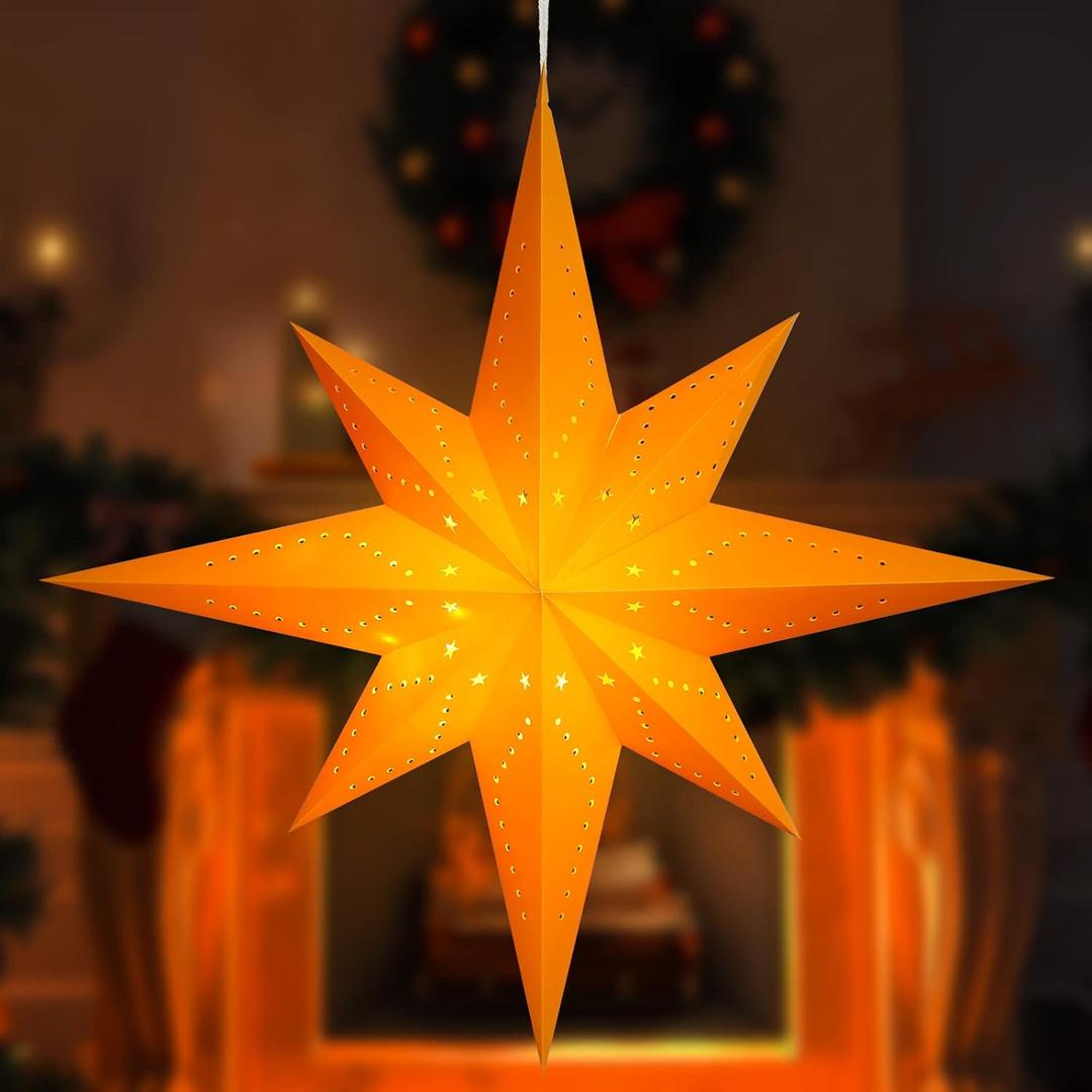Tuanse 24 Inch Large Paper Bethlehem Star Lantern 3D Christmas Diwali 8 Pointed Hanging Decorations with LED String Lampshade Pendant Xmas Lamp Ornament for Wedding Birthday Party Holiday Decor(Gold)