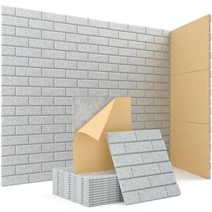 Acoustic Wall Panels, Brick Pattern Peel and Stick Sound Absorbing Panel for Ceiling, Door, Pared,20  Pack 12"x12"x0.4", Grey Decorative Self Adhesive Wall Tiles for Recording Studio, Room