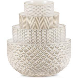 KooK Ceramic Mixing Bowls, Nesting Set of 4, Embossed Kitchen Dishware, Prep, Serving, Gift, Microwave and Dishwasher Safe, 20/44/98/145 oz, Narbonne Collection (Ivory)