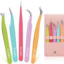 Lash Tweezers for Eyelash Extensions, Lash Extension Tweezer Kit for Beginner, Colorful Eyelash Tweezers Set of 5 for Volume, Isolation and Classic Lashes