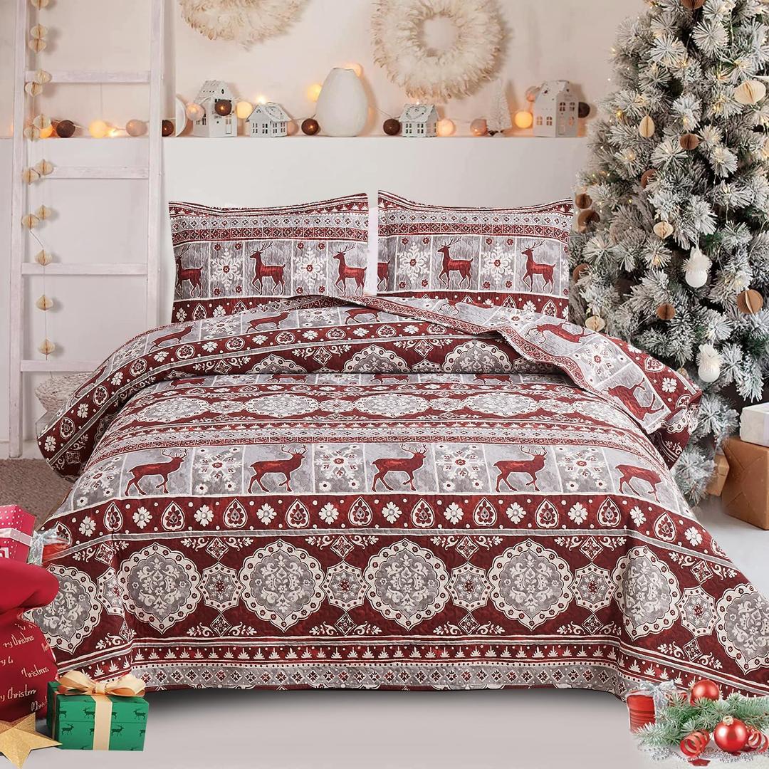 Hailea Christmas Quilt Set Twin Size Moose Deer Bedding Sets Xmas Lodge Cabin Bedspread Coverlet Lightweight Rustic Bedding Cover Red Grey Elk Snowflake Holiday Xmas Quils Western Country Decor
