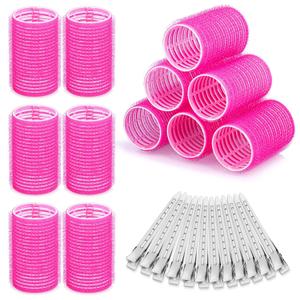Hair Curlers Rollers, 12Pcs Hair Rollers Hair Curlers Self Grip Holding Rollers with 12 Pcs Hair Clips for Long Medium Short Thick Fine Thin Hair Bangs Volume (1 Count (Pack of 24), Pink)