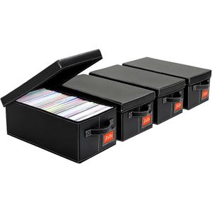 DVD Storage Box – Black Faux Leather DVD Case with Lid – DVD Shelf Organizer for 25 Standard DVD Cases – Foldable & Stackable Media Storage Solution-4Pack