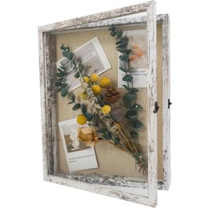 GraduationMall 13x16 Wood Shadow Box Frame Glass Door Display Case with Linen Back and 6 Stick Pins,1.5 inches Interior Depth,Ideal for Memorabilia Pictures Flowers Medals Tickets Rustic White