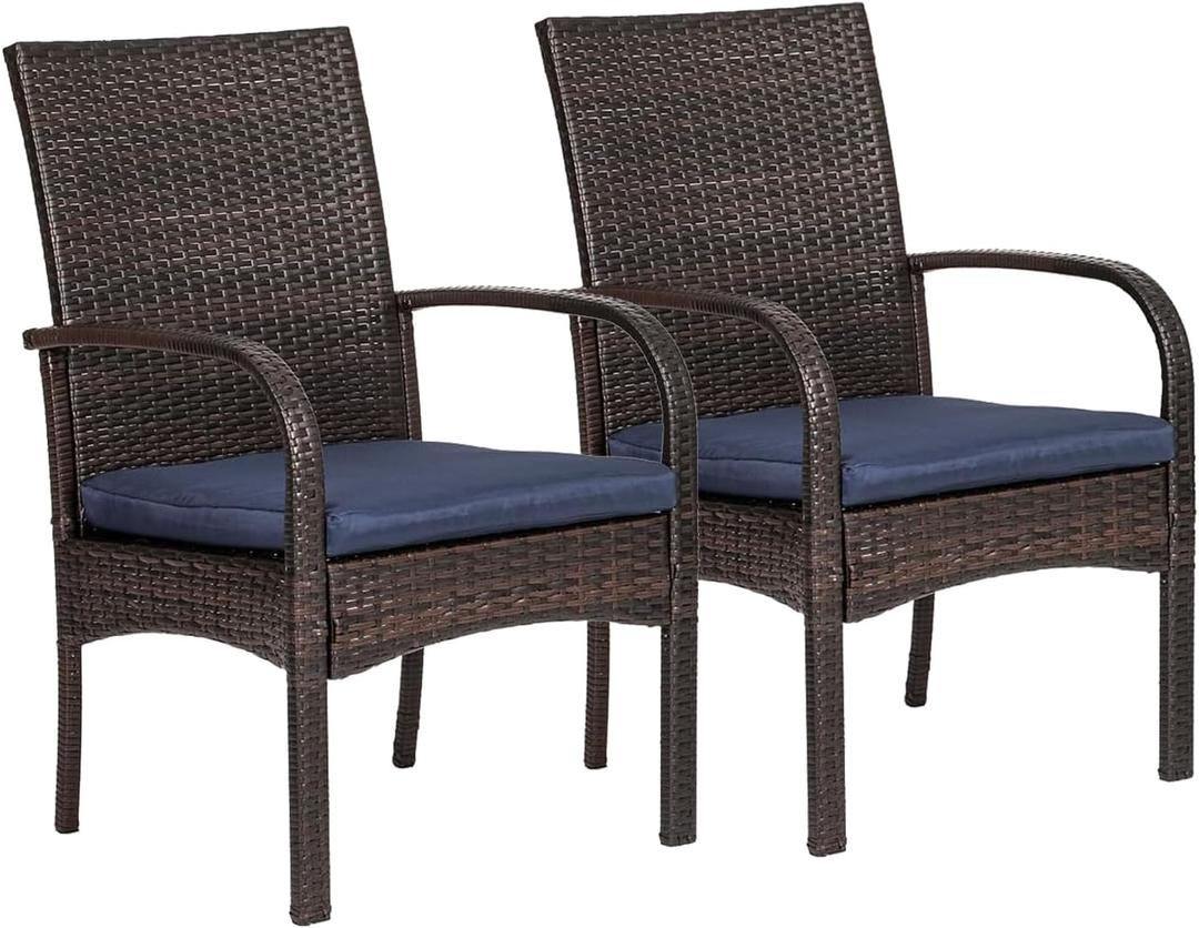 Outdoor Wicker Patio Dining Chairs with Padded Cushions Set of 2: Porch Rattan Chairs Club Chairs with High Back and Deep Seating 350lbs, Brown, 20.2" W x 22.4" D x 35.8" H