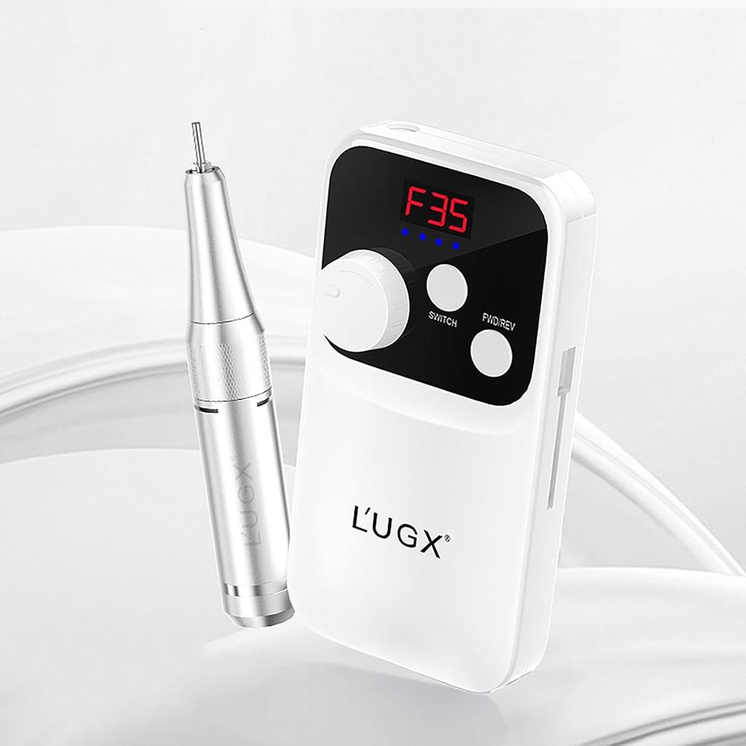 L'UGX Nail Drill Machine 35000RPM  Rechargeable Electric Nail File with LED Display, Portable Efile Nail Drills for Acrylic Gel Nails, Cordless Nails Drill for Beginners & Pros-White