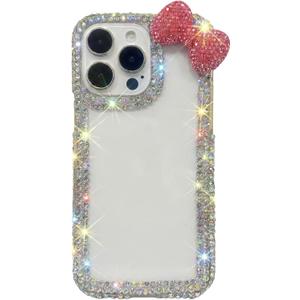 for iPhone 13/14 Cute Bow Pink Case Bling Glitter Diamond Bumper Cover 3D Sparkle Gemstone Luxury Crystal Rhinestone Clear Protective Phone Case for Women Girls Kids Teens