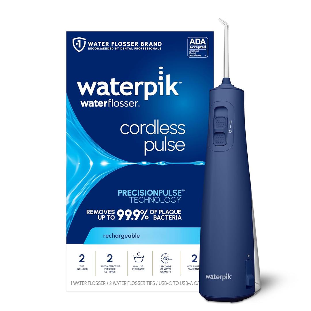 Waterpik Cordless Pulse Rechargeable Portable Water Flosser for Teeth, Gums, Braces Care and Travel with 2 Flossing Tips, Waterproof, ADA Accepted, WF-20 Blue 