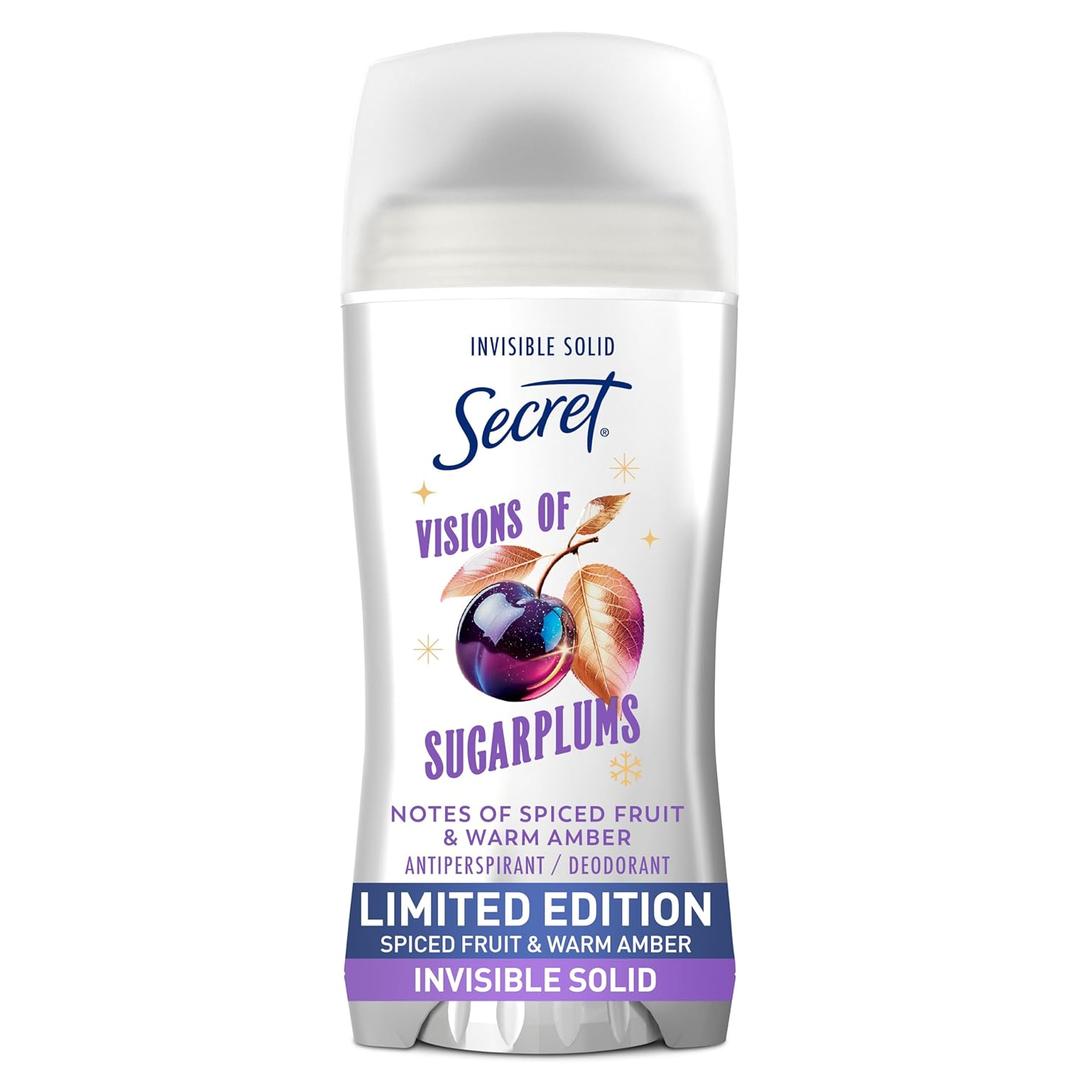 Secret Fresh Antiperspirant Deodorant for Women, 72hr Breathable Odor Protection with Pro-Hyaluronic Acid, Holiday Invisible Solid, Visions of Sugarplums with Spiced Fruit & Warm Amber Scent, 2.6 oz (2.6 Ounce (Pack of 1))