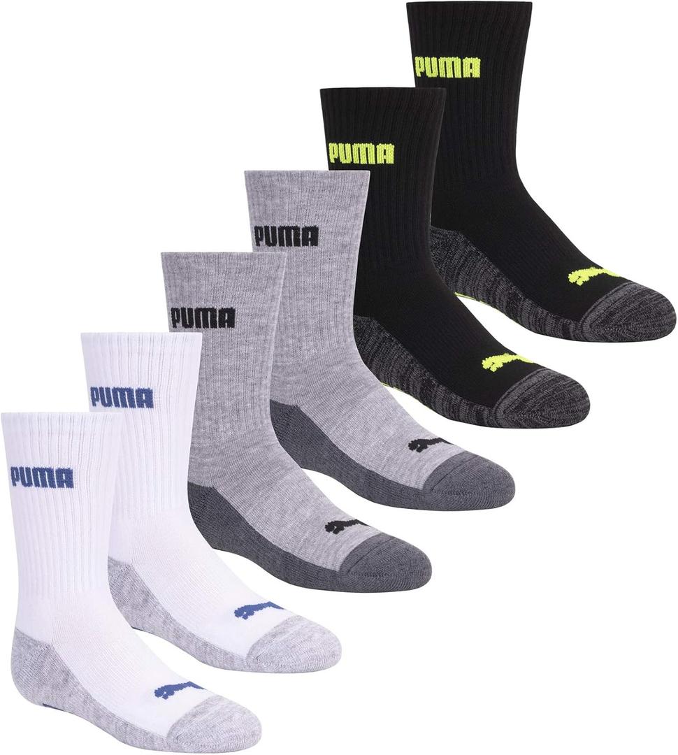 PUMA boys 6 Pack Cut Crew Socks, White/ Grey/ Black, 7-8.5 US