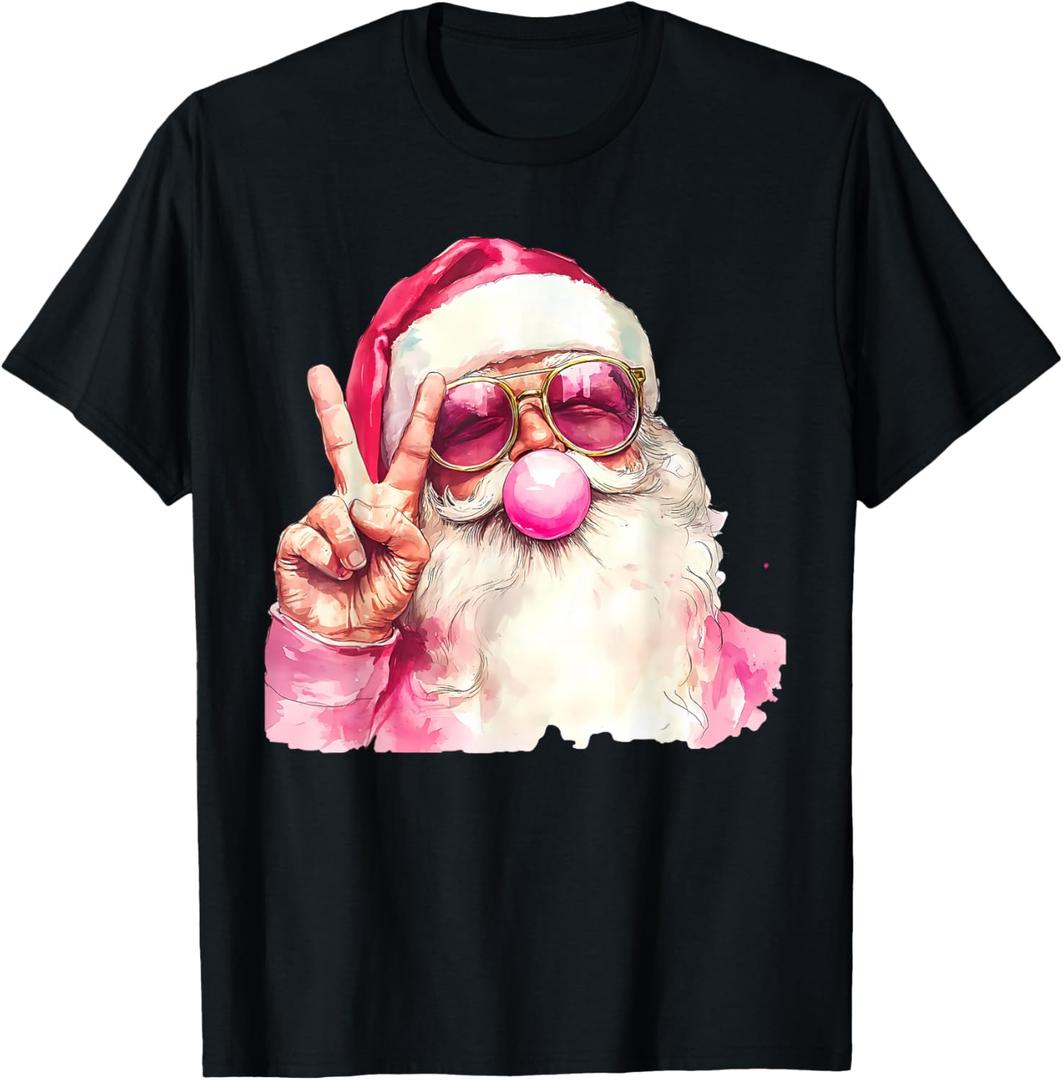 Retro Pink Santa Blowing Bubble Gum Funny Merry Christmas T-Shirt, S