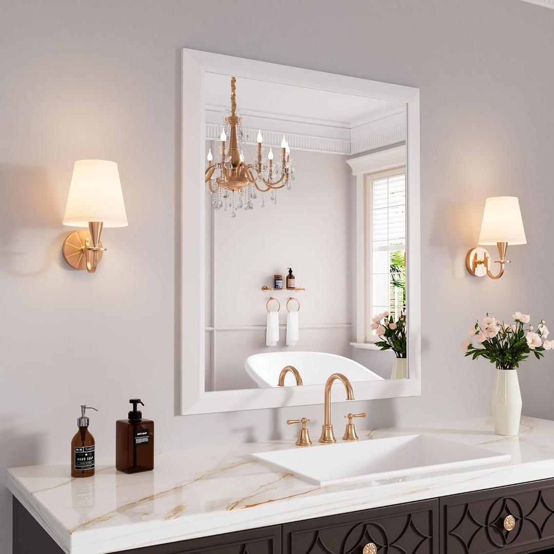 Bathroom Mirror for Wall, 30x36 Inch (White) | HD Reflection, Tempered Glass, Thick Metal Framed Rectangle Mirrors for Over Sink, Vanity, Bedroom, Living Room, Entryway.
