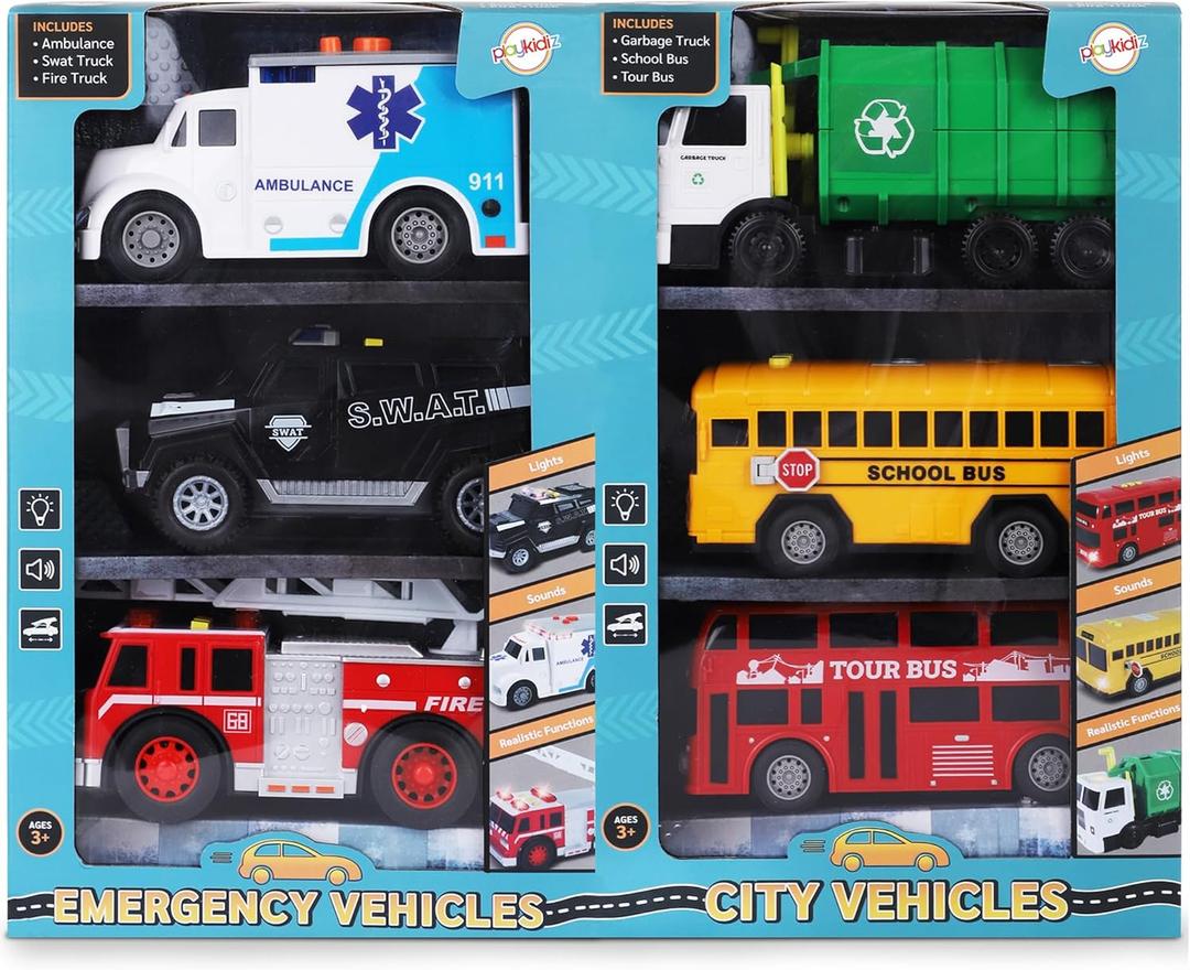Toy Cars for Toddlers - 6Pcs Pull Back Cars Toys with Light and Sounds, City and emergency vehicles set, Including Police Car, Fire Truck, Ambulance, School bus, Tour Bus, Garbage Truck