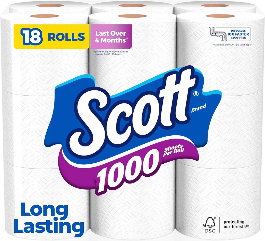 Scott 1000 Toilet Paper, 18 Rolls, Septic-Safe, 1-Ply Toilet Tissue
