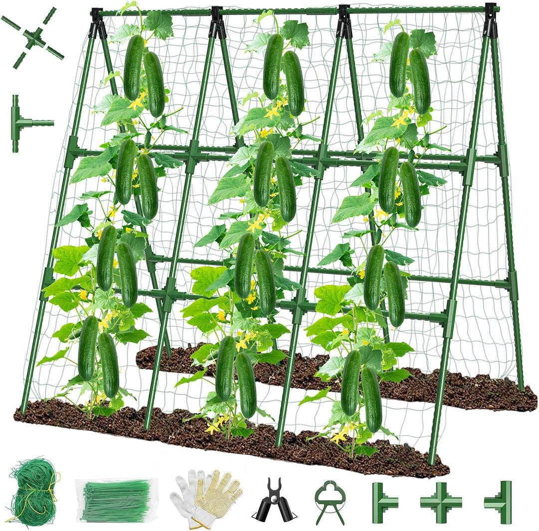 51x53 Inch Cucumber Trellis for Raised Bed,Foldable A-Frame Garden Trellis for Climbing Plants Outdoor with Climbing Net,Plastic-Coated Steel Core,for Cucumber Beans and Vine Type Plants  (Green)