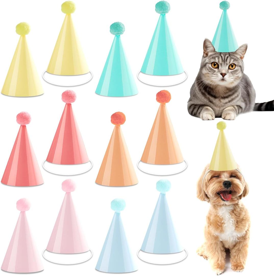 48Pcs Mini Pastel Birthday Party Hats for Stuffed Animals 5Inch Adjustable Cone Caps with DIY Pom Poms Colorful Mini Party Hats Pets Dolls Kids Small Pastel Birthday Decorations Kit for Holidays