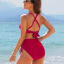 Blooming Jelly Womens High Waisted Bikini Sets Drawstring Tummy Control Swimsuits Crisscross Tie Back Bathing Suit (Red, M)