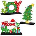 3 Pieces Christmas Table Signs Decorations, Green Elf Dog JOY Table Centerpiece Wooden Sign, Christmas Tree Tabletop Decor for Xmas Holiday Winter Party Indoor Tiered Tray Home Green Red