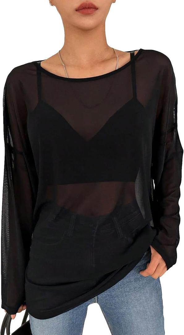 GORGLITTER Women's Mesh Tops Sheer See Through Long Sleeve Boat Neck T Shirts Cover Up Sexy Spring Outfits 2026 (Black, XL)
