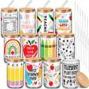 12 Sets End of Year Teacher Gifts Bulk 2026 Teacher Appreciation Glass Cup with Lid and Straw 16 oz Apple Crayon Pencil Iced Coffee Tumbler Thank You Gifts for Daycare Preschool Graduation