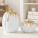 WDS WONDROUS Fall Pumpkin Decor Set of 2, White and Gold Pumpkins for Decorating, Resin Fake Pumpkin Figurines, Harvest Thanksgiving Mantel Table Centerpiece Autumn Home Decoration Gift