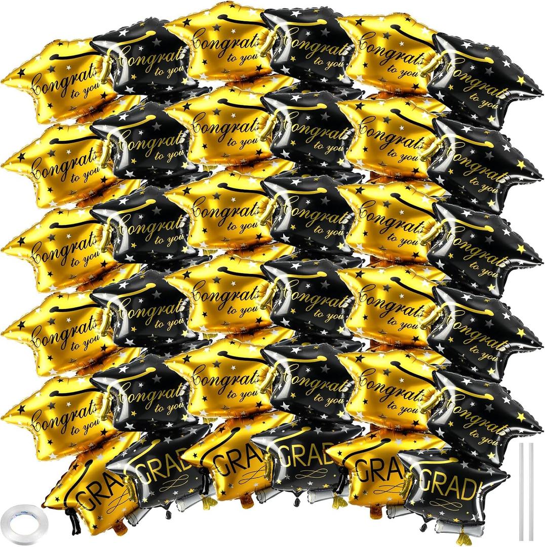 Arrowbash 24 Pcs Black and Gold Graduation Cap Balloon 32 Inches Congrats Graduation Hat Foil Balloons for Class of 2026 Grad Party Decorations Supplies