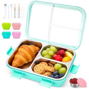 Erreloda Kids Stainless Steel Bento Box, 3 Compartments Leakproof Lunch Box, Portable Food Storage Containers with Silicone Lids BPA-Free for Office, Picnics, Travel, Blue