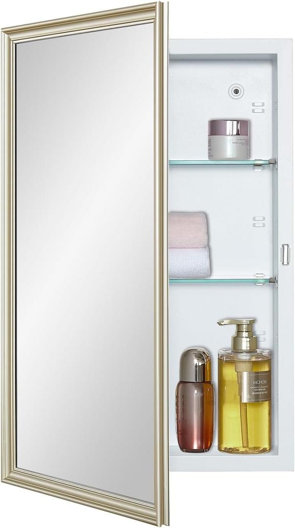 White Medicine Cabinet with 15x24 Inch Gold Frame Mirrored Door, Wall Mounted Storage, Recessed or Surface Mount, 2 Adjustable Glass Shelves, Vanity Organizer for Bathroom, Bedroom, Hallway