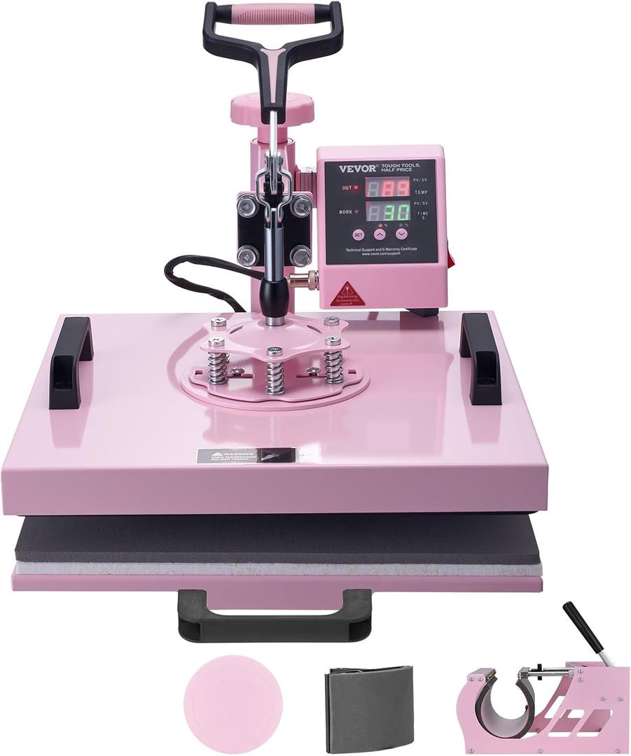 VEVOR Heat Press Machine 15x15 inch, Heat Press Machine for T-Shirts, 5 in 1 Heat Press with 30 OZ Tumbler Press, Combo Tumbler Heat Press Machine Sublimation for Hat Cap Mug Plate, Pink