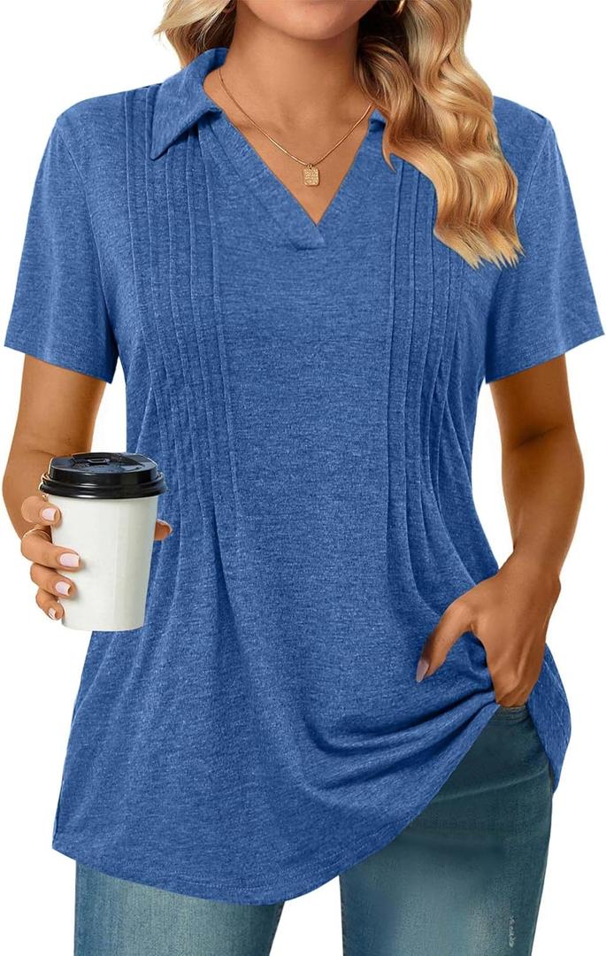 Zeagoo Womens Short Sleeve Polo T Shirts Pleated V Neck Tee Collared Summer Tops Fashion Business Casual Work Blouse (Small, Blue)