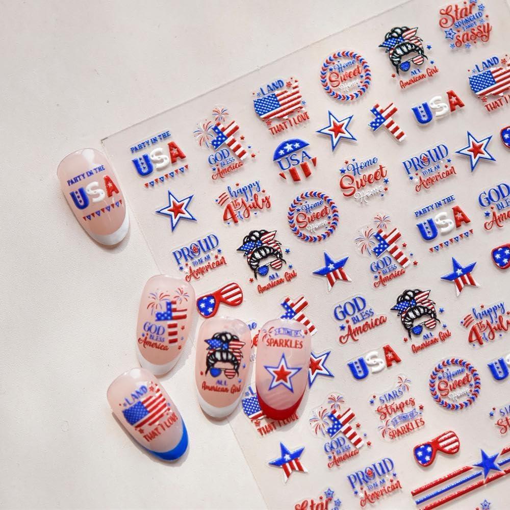 4 x 4th of July Summer Nail Designs 5D Embossed Red Blue Flower Wreath Nail Decals Self-Adhesive USA Flag Nail Supplies Sunglasses Nails Stickers Independence Day Decoration for Women Manicure 1 Sheet