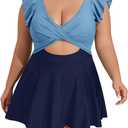 B2prity Women's Plus Size Swimsuit Tummy Control One Piece Swimdress Ruffle V Neck Cutout Wrap Bathing Suit with Skirt (XX-Large, Blue Color Block)