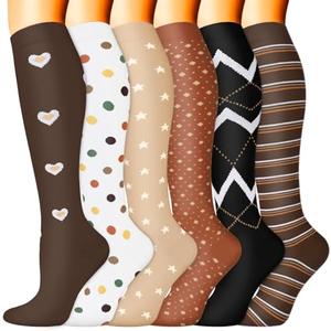 Sooverki Compression Socks for Women & Men 6 Pairs is Best Supportive Knee High Stockings for Recovery Energy Coffee Brown Stars Stripes Feet Stretch Gifts Running Athletic Weather, S/M