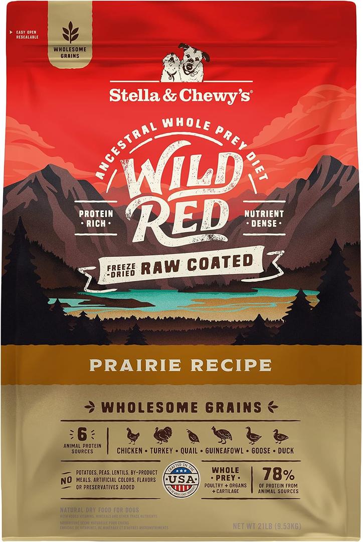 Stella & Chewy's Wild Red Dry Dog Food Raw Coated High Protein Wholesome Grains Prairie Recipe, 21 lb. Bag, Best By 08/05/26