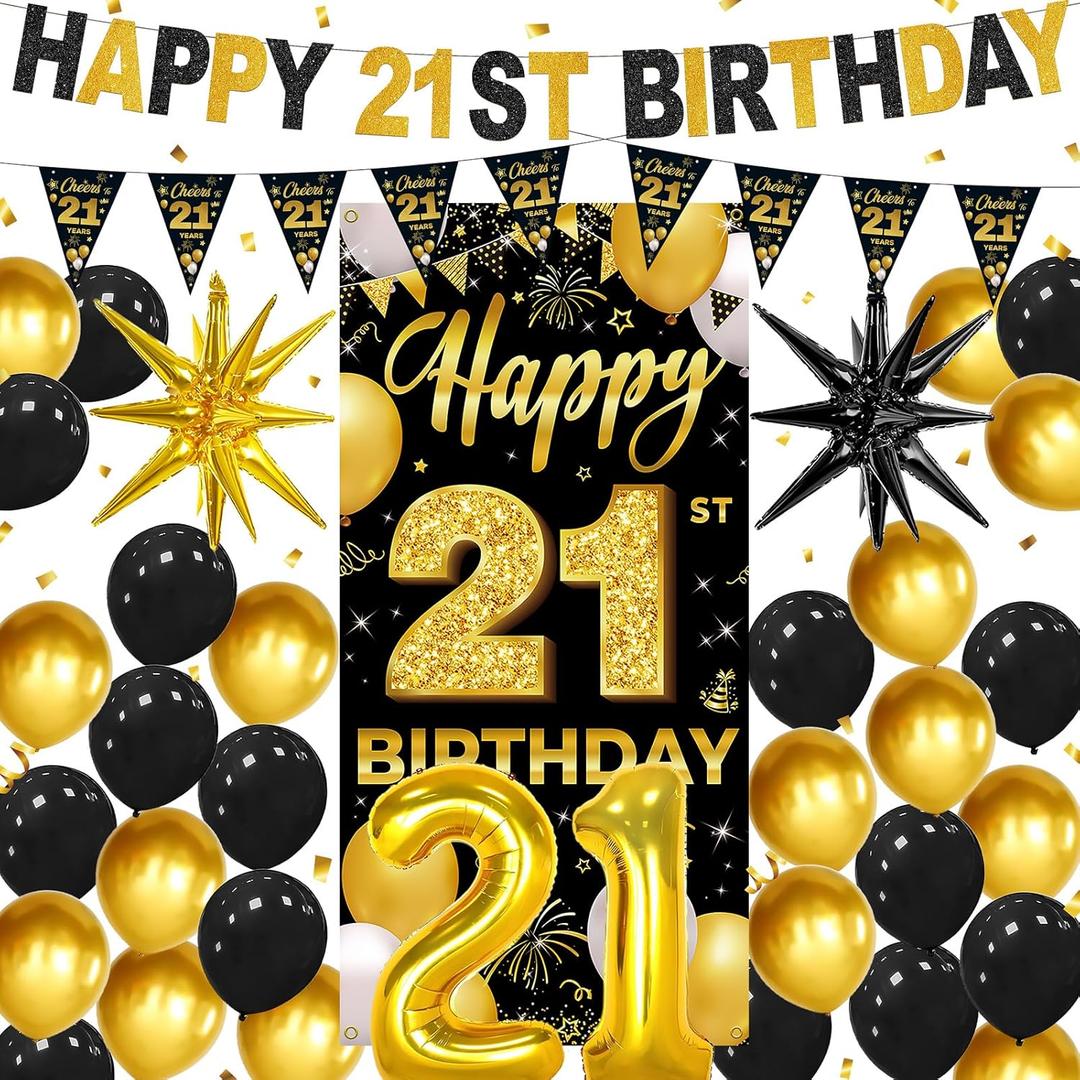 Black and Gold Happy 21st Birthday Decorations for Him Her, 21st Birthday Party Supplies with Fabric Backdrop, Pre-strung Banner, Triangle Pennants, Balloons, Photo Booth Decor for Men Women