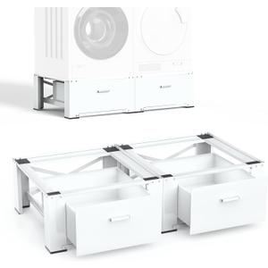 SKM 2 Pack Laundry Pedestals with Drawer - 28" Washer and Dryer Stand, Steel Washing Machine Raiser for Elevation, 14.3 Inches Height, White