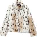 ebossy Women's Faux Fur Crop Jacket Long Sleeve Cozy Winter Warm Fluffy Leopard Pure Color Sherpa Coat with Pockets (Medium)