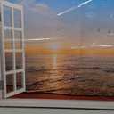Beach Wall Art Pictures White Fake Window Frame Style Sunset Painting Seascape Artwork Ocean Birds Theme Prints on Canvas Blue Coastal Landscape for Living Room Bedroom Bathroom Home Office Decor24x36inch