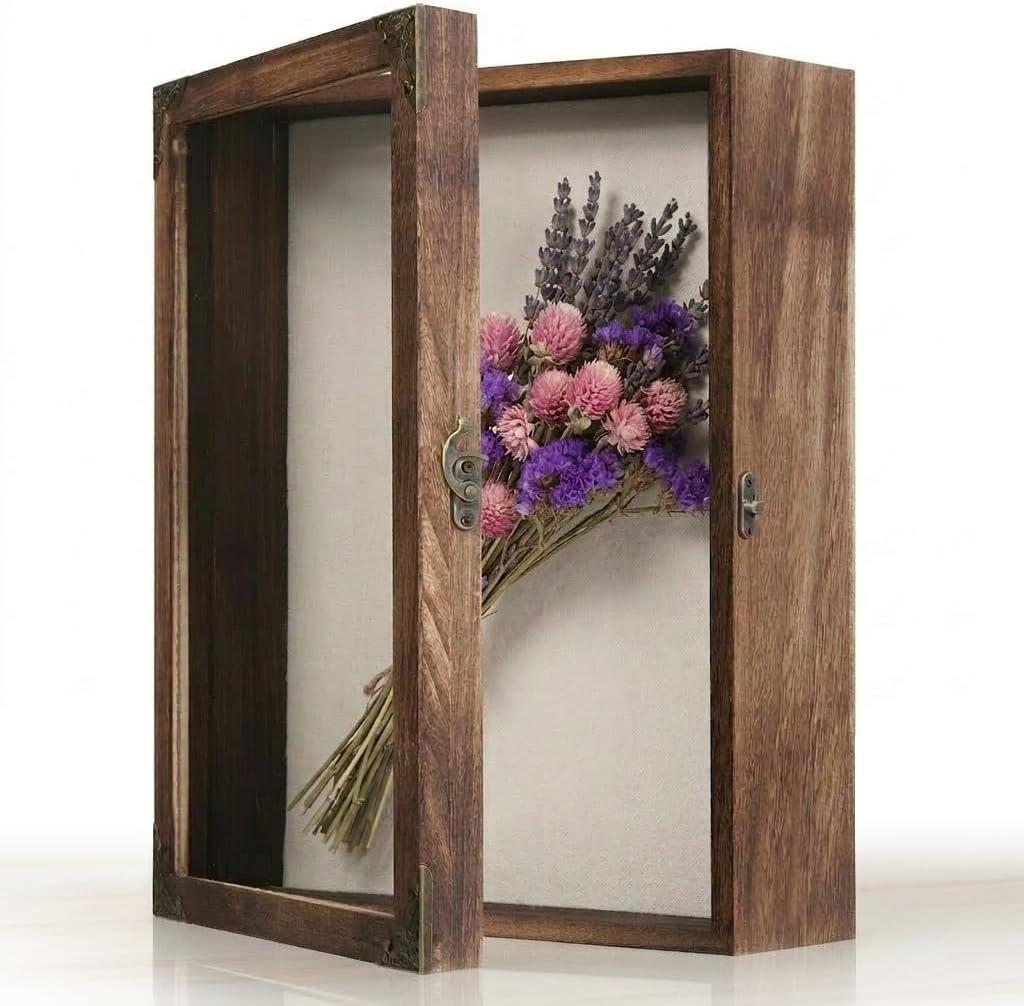 Shadow Box Frame 11x14 with Retro Metal Accents and Lock, Solid Wood Acrylic Door Display Case with Linen Back, 10 Stick Pins, and 2.7-Inch Depth for Photos, Medals, and Memorabilia (Medium)