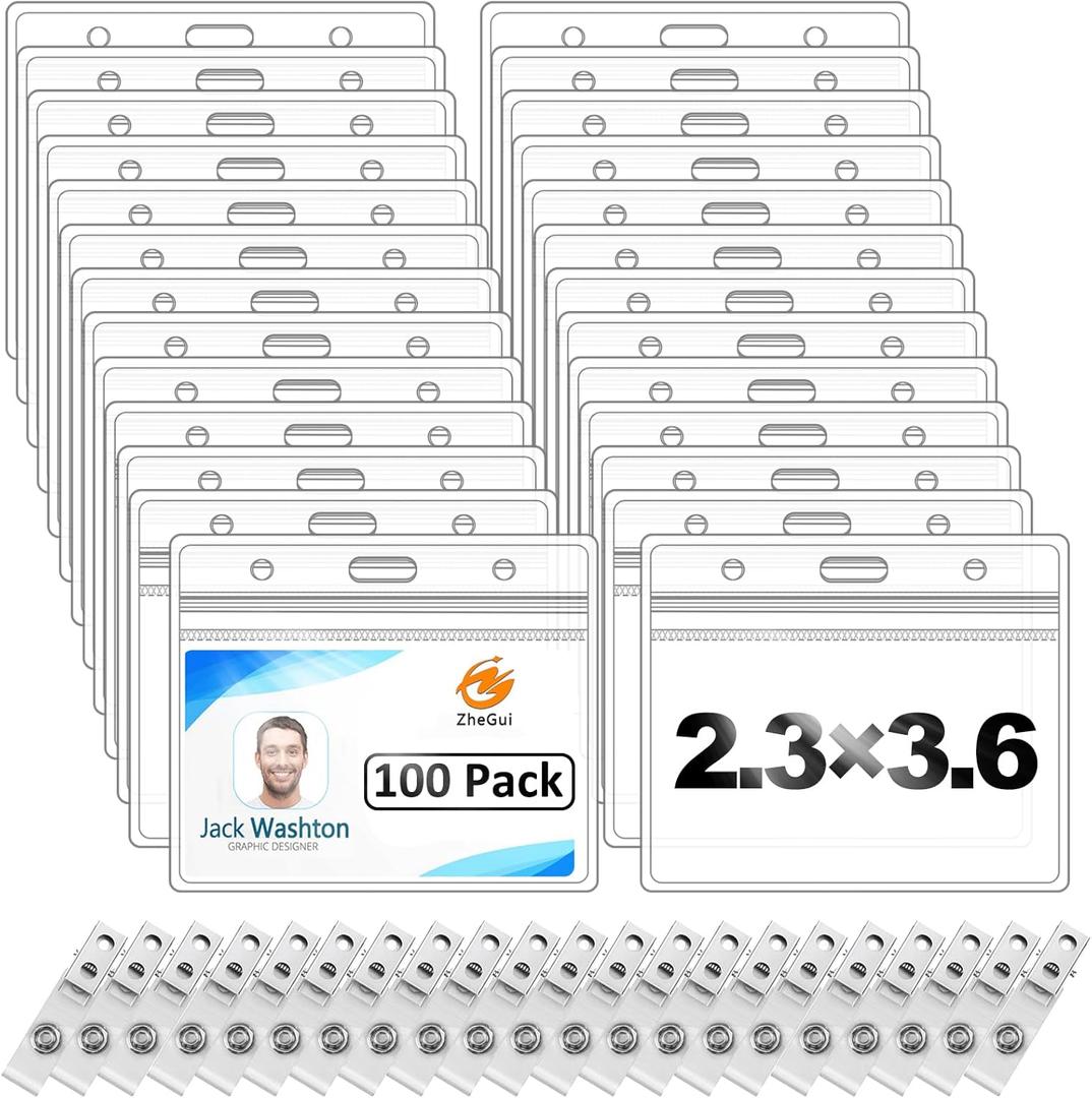 100 Pack Horizontal ID Badge Holder with Clip, Universal Waterproof PVC Transparent Name Tag Holder with Sealed Zipper(2.3  3.6 inch)