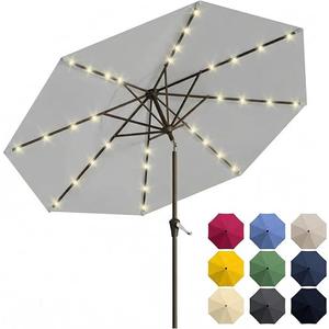 Patio Kingdom 9FT Solar Umbrella 32 LED Lighted Patio Umbrella Table Market Umbrella w/Tilt and Crank, UV-Resistant Outdoor Umbrella for Pool, Garden, Deck, Light Gray
