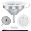 Kitchen Funnel for Filling Bottles, 5 Inch 304 Stainless Steel Funnel with Strainer for Transferring Oils Juices Wine Milk with Silicone Scraper and 100 Mesh 200 Mesh Filtel
