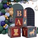 Amyhill Set of 4 Blue Red Baby Shower Boxes with Letters Bear Themed Baby Shower Decorations 11.8'' Horse Bear Theme Gender Reveal Blocks for Birthday Decor Backdrop Photo Prop Supplies