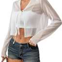OYOANGLE Women's Sheer Long Sleeve Tie Front Cardigan Lightweight V Neck See Through Mesh Crop Tops (Medium, White)