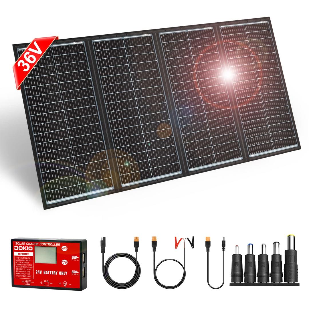 DOKIO 300W 36V Portable Foldable Solar Panel Kit, Compact 19x37in Design 15.21lb with Standalone Controller and USB, Monocrystalline Charger for 22V Batteries, Power Stations, RV Camping Emergency Use