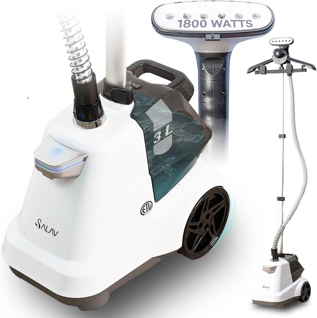SALAV Heavy Duty Commercial Full-Size Garment Steamer with Foot Pedals and Extra Large 3L (101.5 oz) Water Tank, 1800 watts, 90+min of Continuous Steam (White) (14.5 in x 11.42 in x 70.5 in)