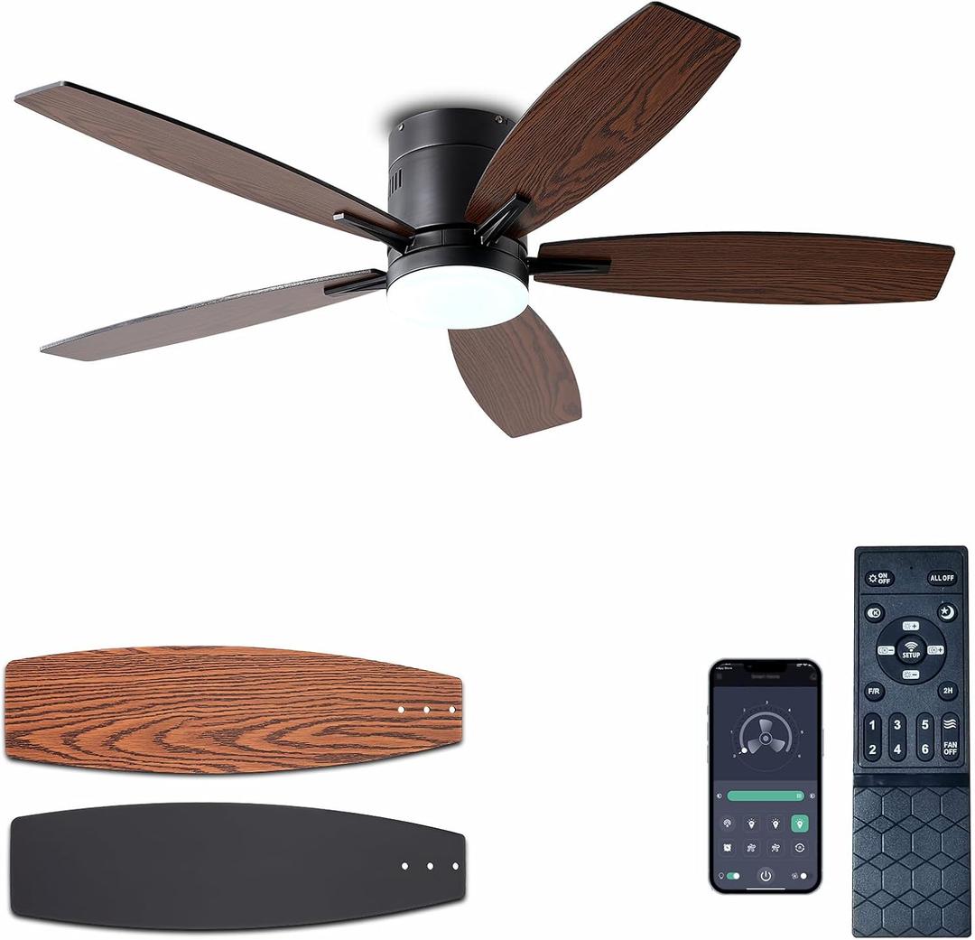 Ceiling Fans with Lights, 52" Low Profile Indoor Ceiling Fan with Light and Remote Control, Dimmable, Noiseless, Reversible, Brown Ceiling Fan for Bedroom, Indoor/Outdoor Use