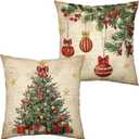 Kwlegh Retro Christmas Pillow Covers Xmas Tree Vintage Decorative Throw Pillow Covers 18x18 Set of 2 Pine Tree Holly Berry Pillow Case Cushion Case for Holiday New Year Decoration Couch Sofa