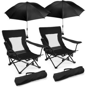 Joyfair Beach Camping Chair with Umbrellas, 2 Pack Outdoor Folding Low Camp Chairs for Adults, Heavy Duty Portable Chair with Umbrella for Outside Fishing, Lawn, Sport, Cup Holder & Carry Bag (Black)