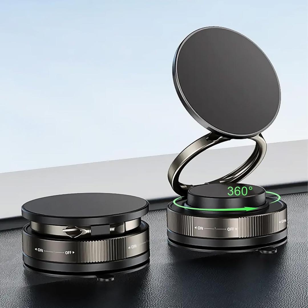 Vacuum Magnetic Car Phone Mount - 360 Rotatable & Dual-Axis Adjustable, Suction Cup Magnetic Phone Holder for Dashboard/Windshield/Sumooth Surface, Suitable for All Phones